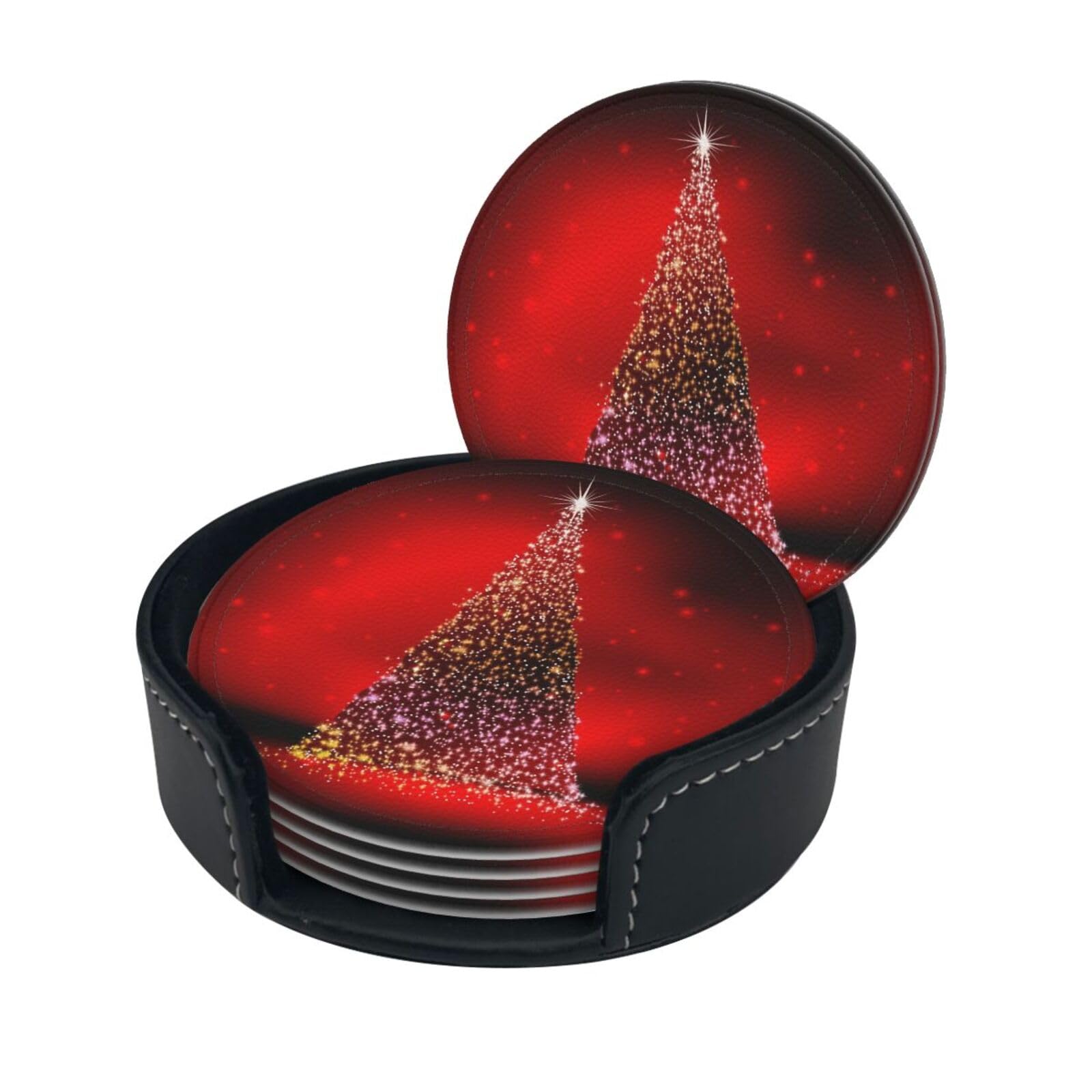 Christmas Tree Xmas Glittering Print Coasters For Drinks With Holder Set Of 6, Pu Leather Coasters Drink Coasters Cup Pad Mats