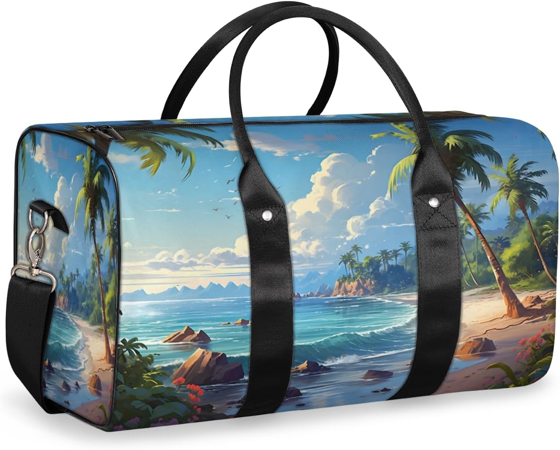 Hand Painted Coconut Island Ocean Landscape Travel Duffel Bag for Women Men Large Capacity Overnight Weekender Bags for Lightweight Waterproof Sport Gym Bag for Workout Yoga Swim