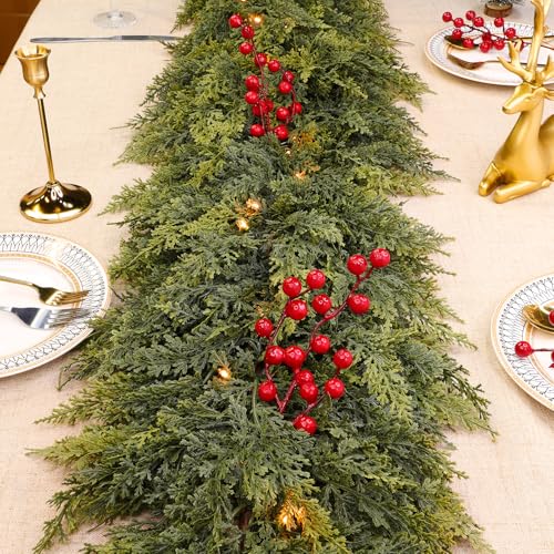 Timer & 50 LED - 9 Ft by 12 Inch Prelit Christmas Garland with Lights, Lighted Christmas Cedar Garland Realistic Soft Thickness Cypress Garlands Xmas Fireplace Mantle Table Doorframe Indoor Outdoor by TURNMEON - Image 3