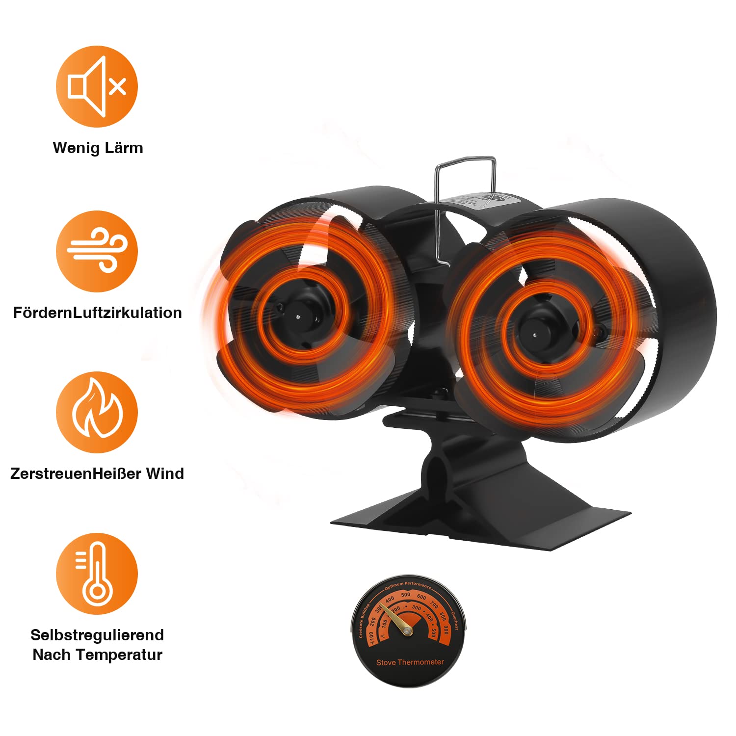 Ventilatore per camino a 8 fogli, senza corrente, efficiente con termometro, funzionamento silenzioso, per focolare e stufa, 2 pezzi