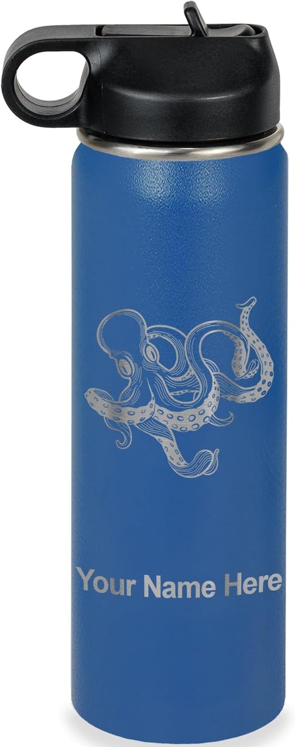 LaserGram Personalized Water Bottle, Kraken, Stainless Steel Double Wall Vacuum Insulated with Flip Top Straw, Custom Engraved Gift (20oz / 590ml Dark Blue)