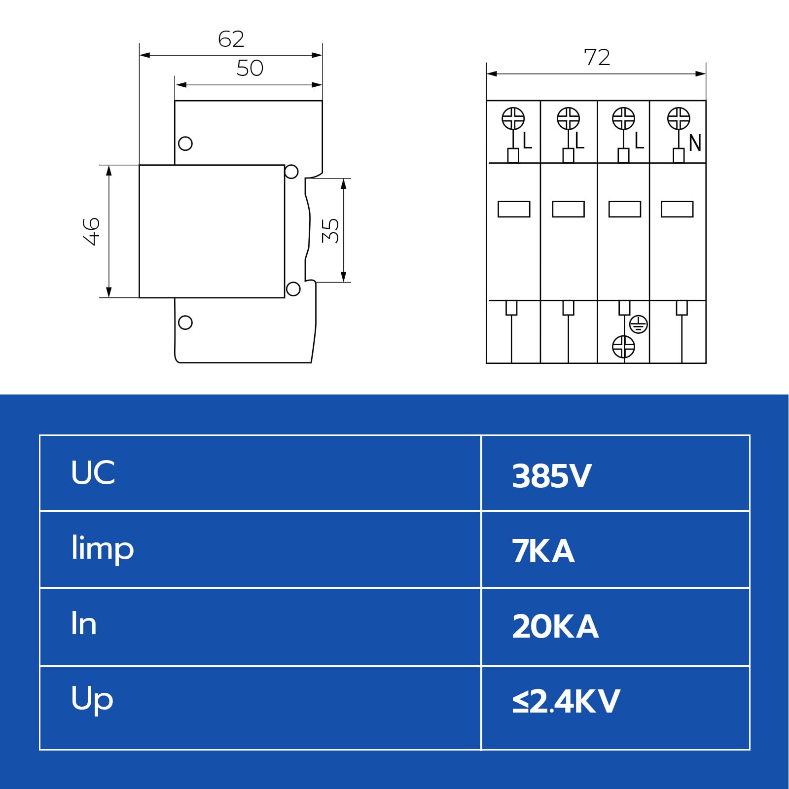 Scaricatore di sovratensioni Tipo 1+Tipo 2 4 poli 385 V 20-40 KA