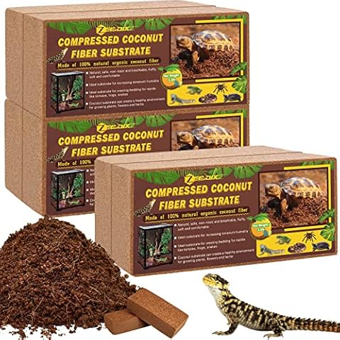 ZeeDix 6Pcs Compressed Coconut Fiber Substrate for Reptiles, 100% Organic Coco Coir Fiber Brick Substrate Fluffy Bearded Dragon Tortoise Snake Terrarium Substrate Loose Natural Husk Terrarium Bedding Cover