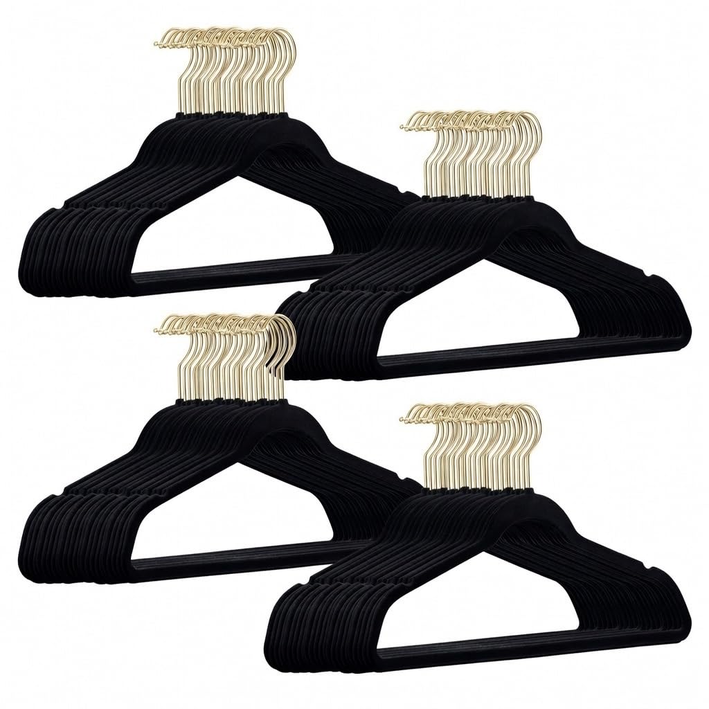 100 Stück hochwertige Samt Kleiderbügel in der Farbe Schwarz mit Gold Look Haken/Anti-Rutsch/von StickandShine