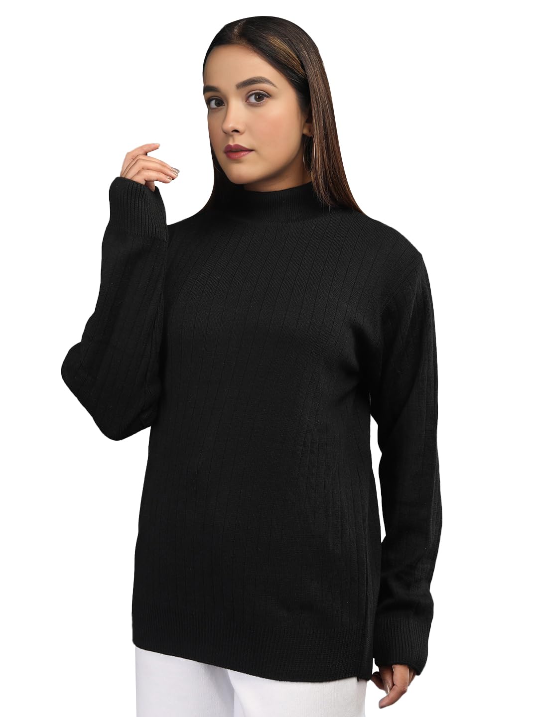 Women Woollen High Neck Solid Sweater Warm Knitted Pullover