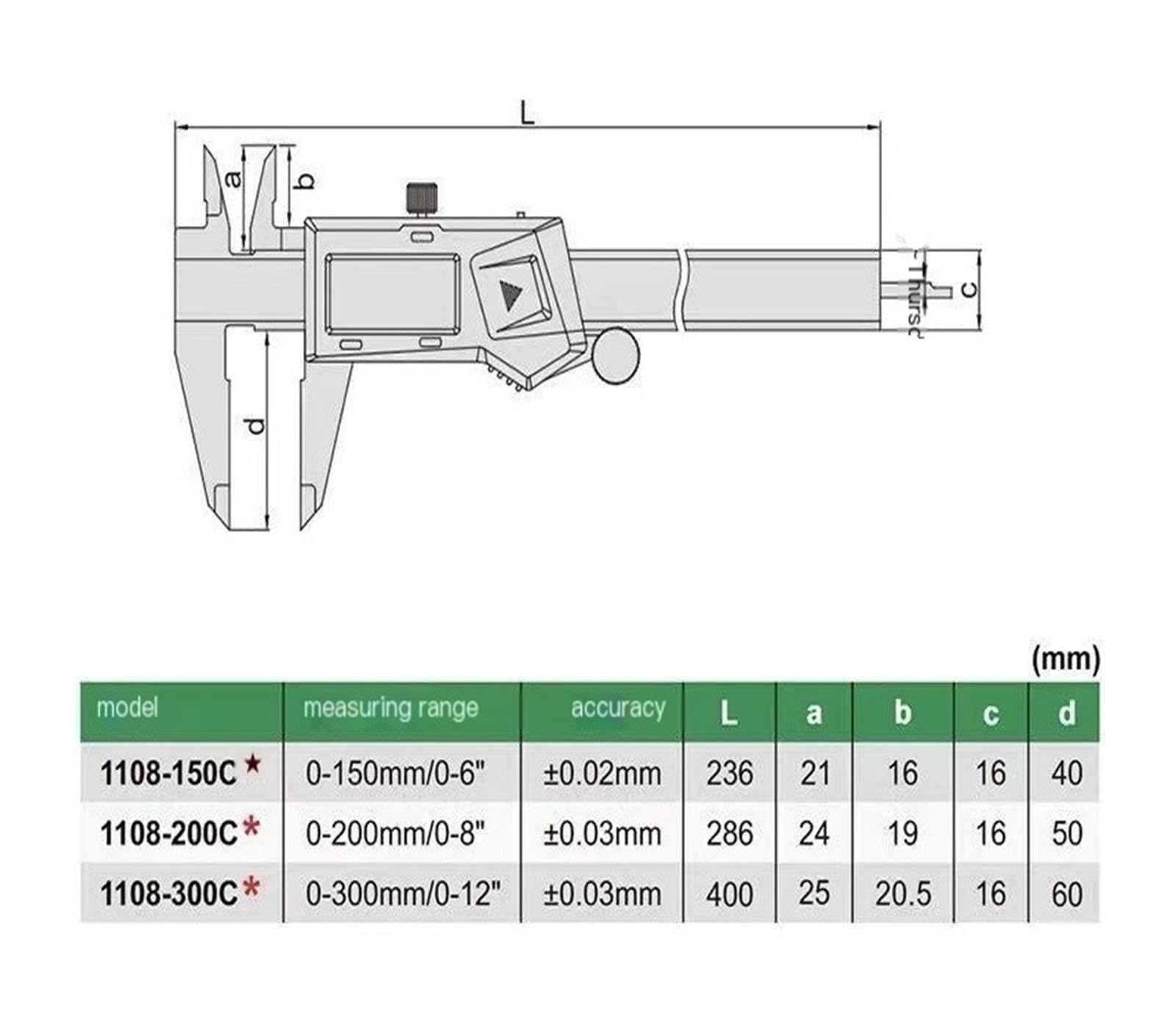 Calibri in acciaio inox, calibri digitali 1108-150C, 1108-200C, 1108-300C, calibri a corsoio(1108-300C)