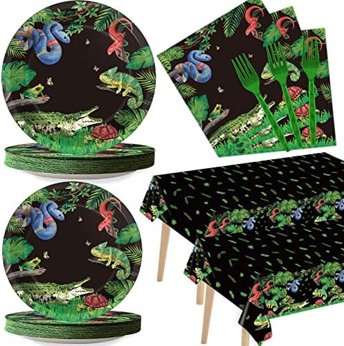 Reptile Lizard Snake Birthday Party Supplies Tableware Kit for 24 Guests Camping Wildlife Snakes Party Plates Napkins Decorations and Favors with Wilderness Jungle Alligator Turtle Tablecloth