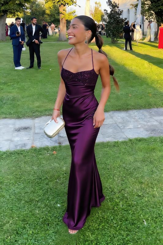Long Satin Prom Dresses for Women 2026 Sequin Sweetheart Spaghetti Straps Mermaid Formal Dress - Image 6