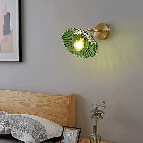 Miniatura 2 de Vintage Green Ribbed Glass Wall Sconce with Gold Brass Lamp Body Hardwired Adjustable Wall Light Fixture E26E27 Base for Bedroom Living Room Hallway