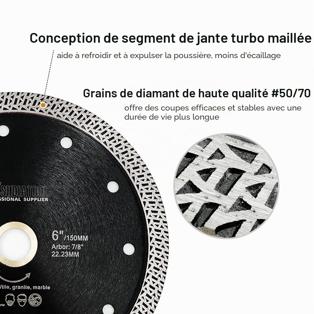 SHDIATOOL Disque à Tronçonner Diamant 180mm avec Maillé Turbo pour Porcelaine Tuile Céramique Granit Marbre （Dia 7 Pouces）