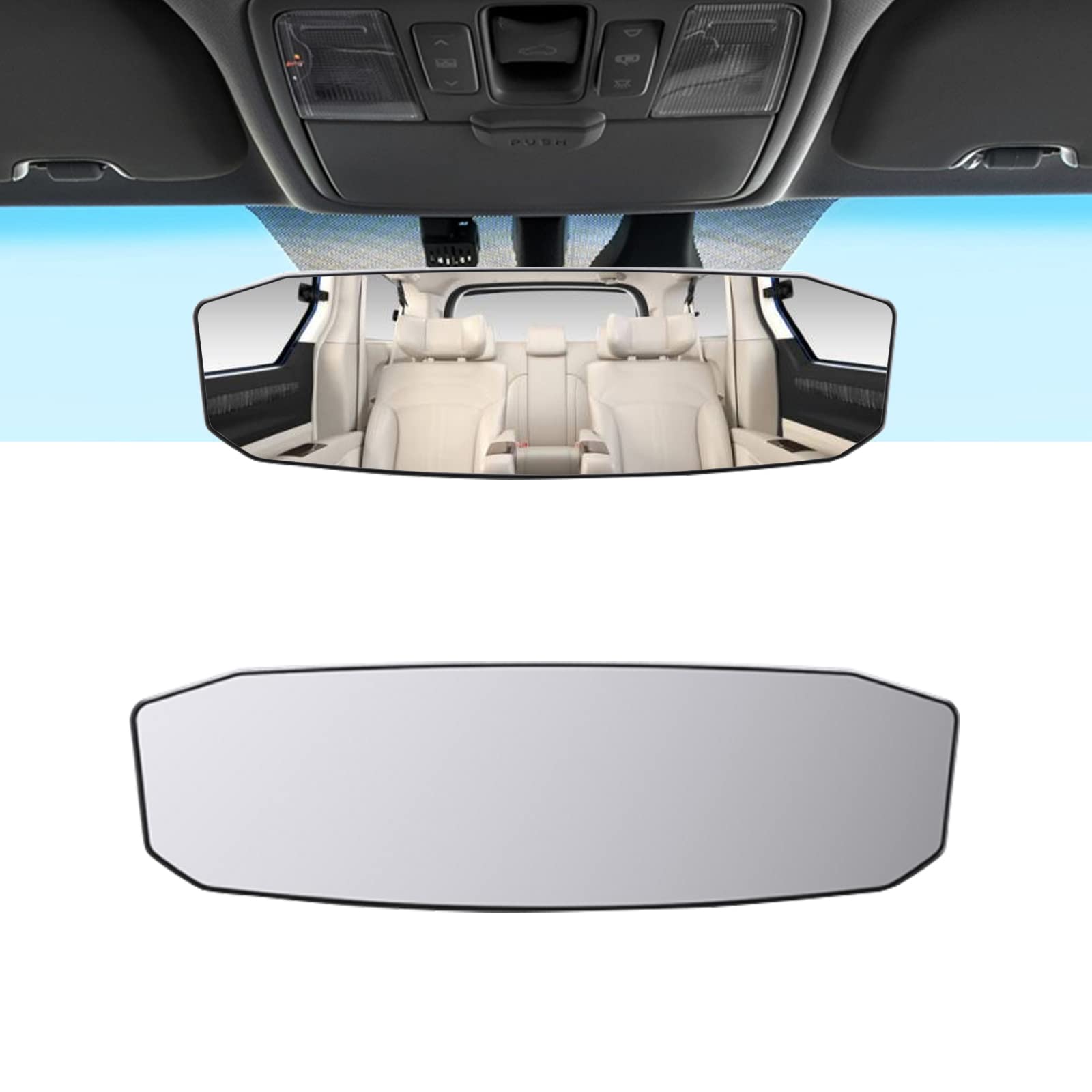 1 Pack Car Big Vision View Mirrors, 12" x 3.5" Anti-glare Panoramic Reversing Blind Spot Mirror, Convex Curve Clip-on HD Wide-angle Auxiliary Mirror, Fits for Car, SUV, Truck (Black)