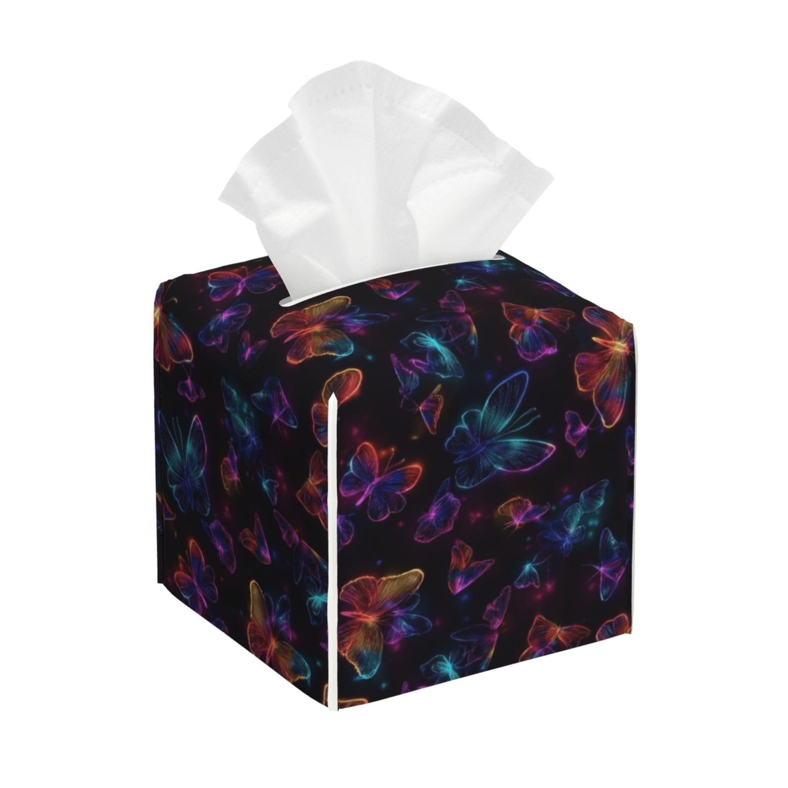 Glowing Neon Butterflies Print Tissue Box Cover Holder Square, Foldable Modern Cube Tissue Box Cover, Leather Decorative Organizer for Tabletop Bathroom Car Office Desk Decor