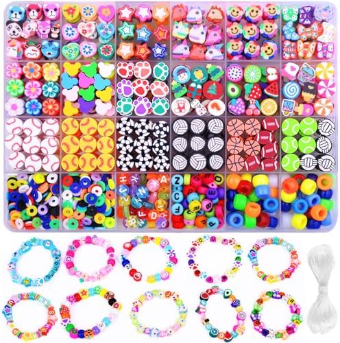 1000PCS Polymer Clay Beads Bracelet Making kit, 24 Style Cute Fun Sports Ball Beads Baseball Basketball Soccer Rugby Volleyball Football Charms, DIY Bracelet Making kit