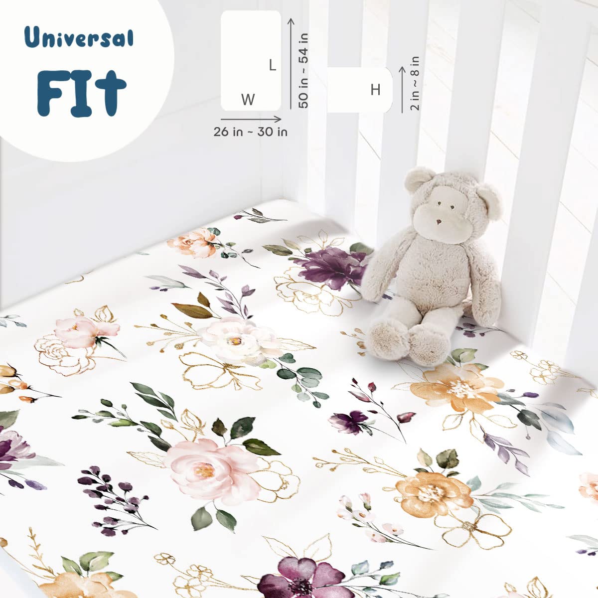 GRSSDER Juego de 2 sábanas bajeras elásticas de punto jersey ultra suaves para cuna, se adapta a todos los protectores de colchón estándar de cuna, seguras y cómodas, bonita flora morada botánica para