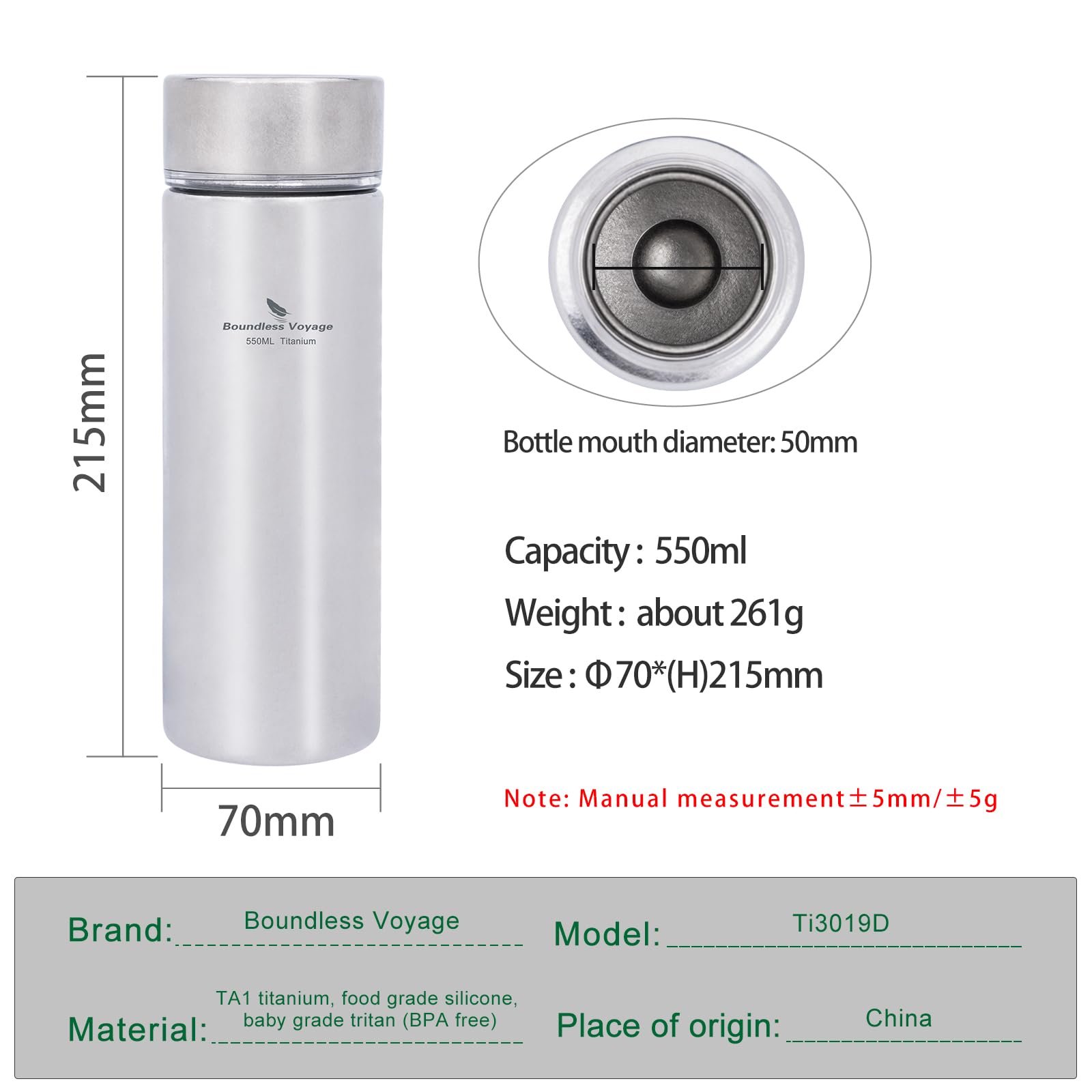 iBasingo 550 ml Titanium thermos flessen, vacuüm beker met filter