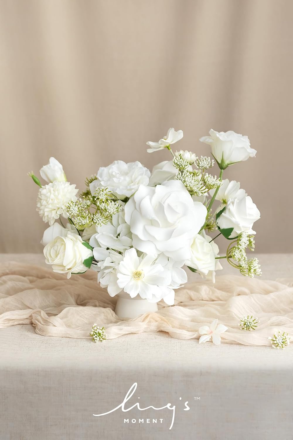Ling's moment Fake Flowers Box, Artificial Faux Greenery Stems Silk Hydrangea Foam Rose for Wedding Bouquets Centerpieces Table Decorations Floral Picks Arrangements, White & Cream, Deluxe Combo