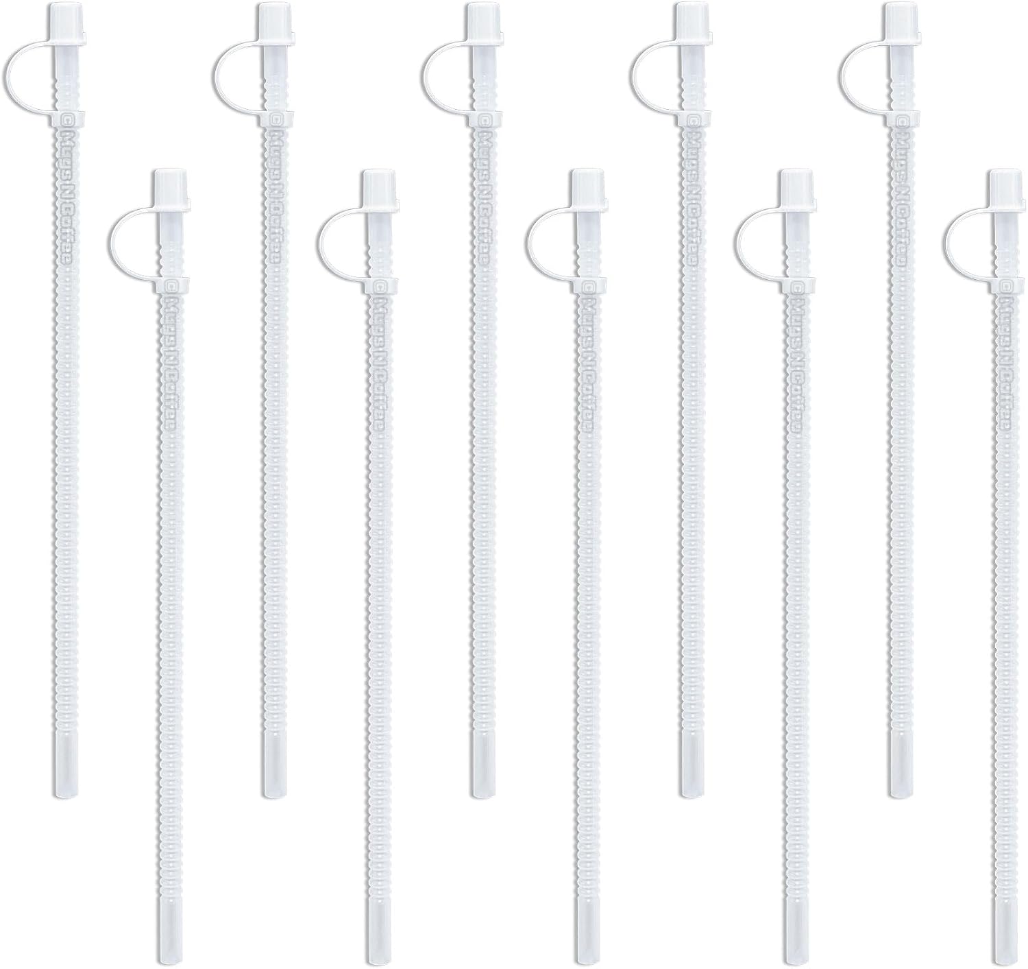 Mugs N Coffee 11” Flexible Corrugated Straws with Caps (10-Pack) – BPA-Free Reusable Drinking Straws for 32 oz Hospital & Travel Mugs – Made in USA