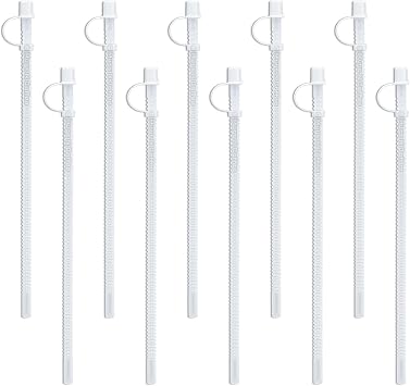 Mugs N Coffee 11 Flexible Corrugated Straws with Caps 10-Pack BPA-Free Reusable Drinking Straws for 32 oz Hospital & Travel Mugs Made in USA