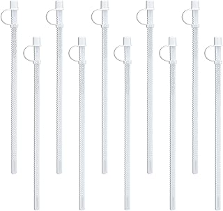 Mugs N Coffee 11” Flexible Corrugated Straws with Caps (10-Pack) – BPA-Free Reusable Drinking Straws for 32 oz Hospital & Travel Mugs – Made in USA