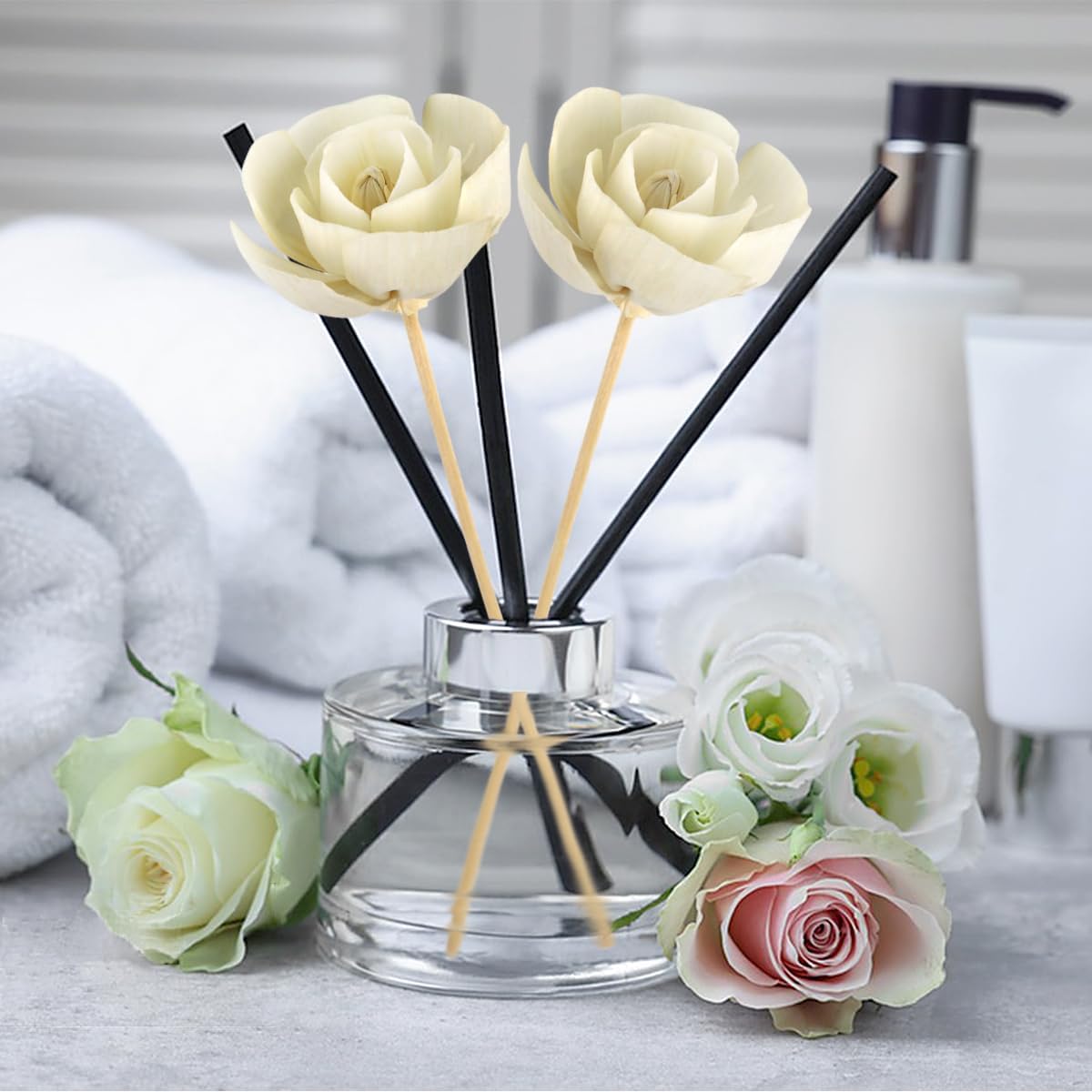 DOERDO 5Pcs Diffuser Flowers Essential Oil Aroma Diffuser Stick for with Home Office, Camellia Flower, 3.2x9.5 Inch