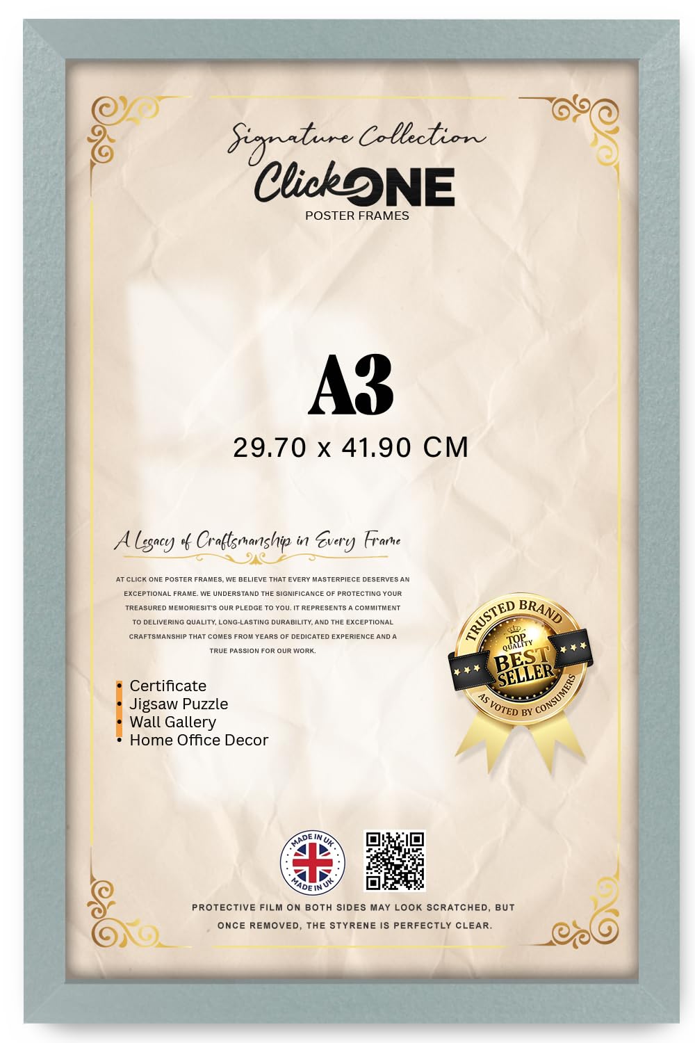 Click One — Elegant Rectangle Poster Picture A3 (29.70 X 41.90 Cm) Solid Engineered Wood Frame Finish | Hanging Hooks For Portrait And Landscape Display (16 X 11 Inch) Silver Wall Ready