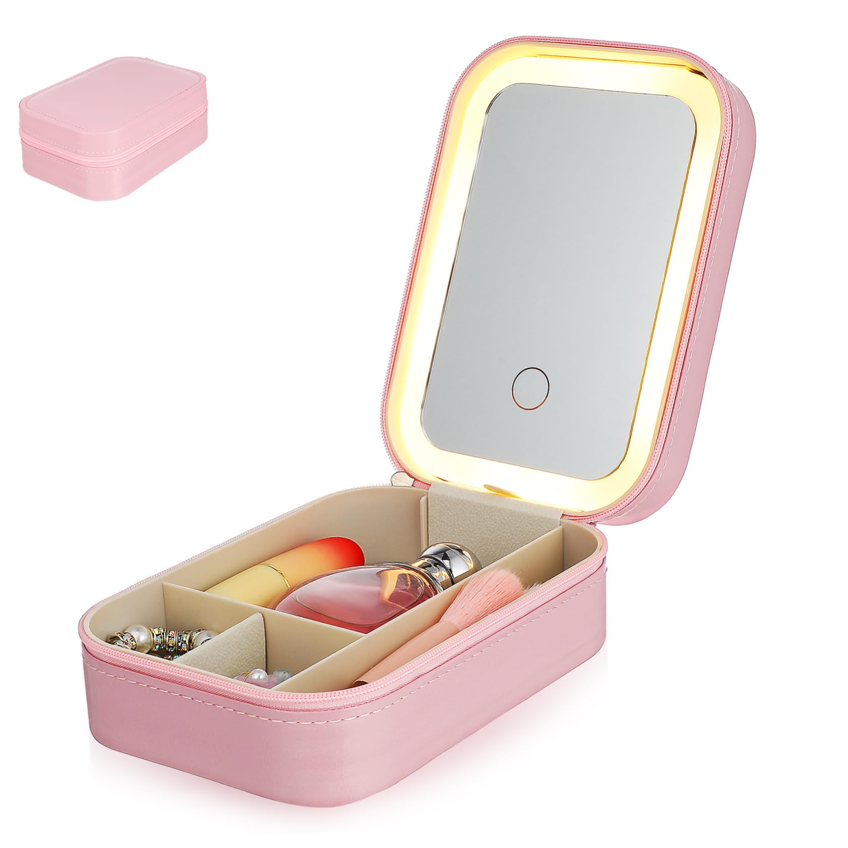 Gogogmee Makeup Bag with Mirror Led Travel Makeup Case Compact Organizer with Divided Storage for Skincare and Cosmetics Go