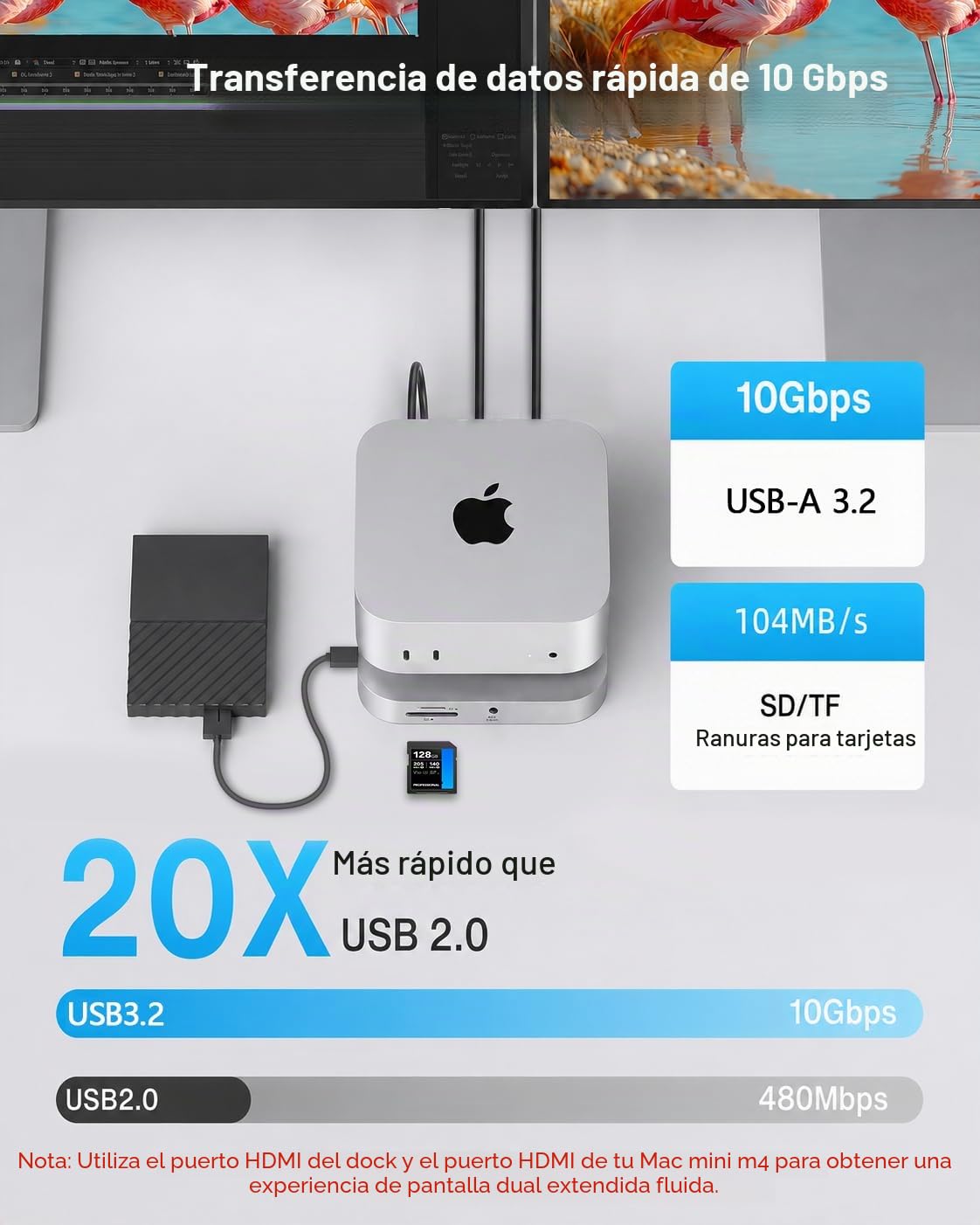 Mac mini M4 Dock, Mac mini M4 Pro Hub Stand with NVMe M.2 SSD Enclosure, HDMI 4K60 USB A 3.2 10Gbps, USB C Data Port, 3.0 TF SD Card Reader for Accessories Docking Station Mac mini Adapter Silver