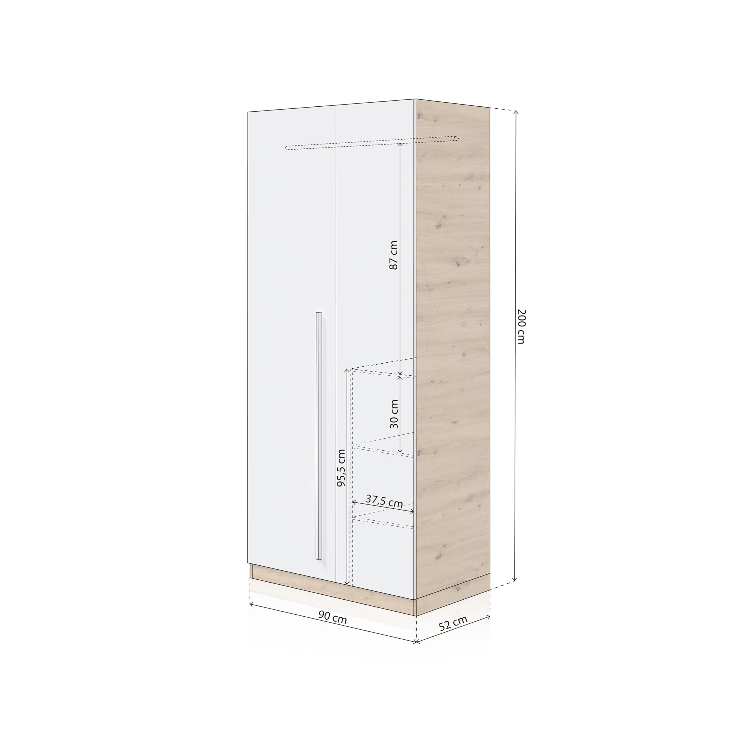 duehome | Armario Juvenil, Infantil, Armario Individual, Modelo Dess, Acabado en Color Blanco Artik y Roble Nodi, Medidas: 90 cm (Ancho) x 200 cm (Alto) x 52 cm (Fondo)