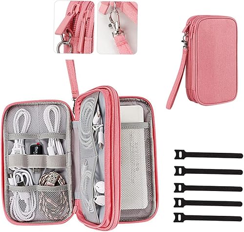 Bolsa organizadora de cables de viaje, bolsa organizadora para accesorios electrónicos y cargador portátil externo (doble capa, mediano, rosa oscuro)