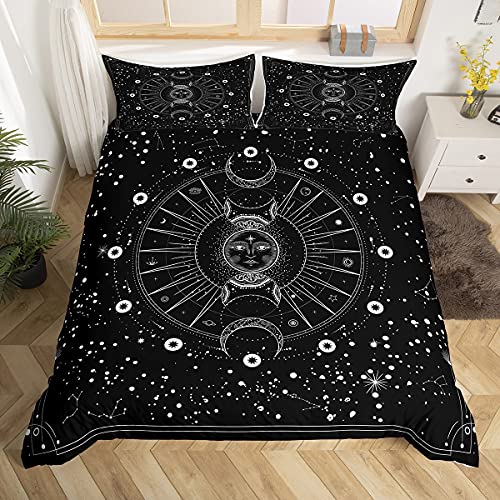 Sun And Moon Comforter Cover Set Full Size Black And White Psychedelic Constellation Bedding Set Boho Exotic Mandala Duvet Cover Set Galaxy Astrology Space Bedspread Cover Chic Mystic Star Room Decor #TOP25