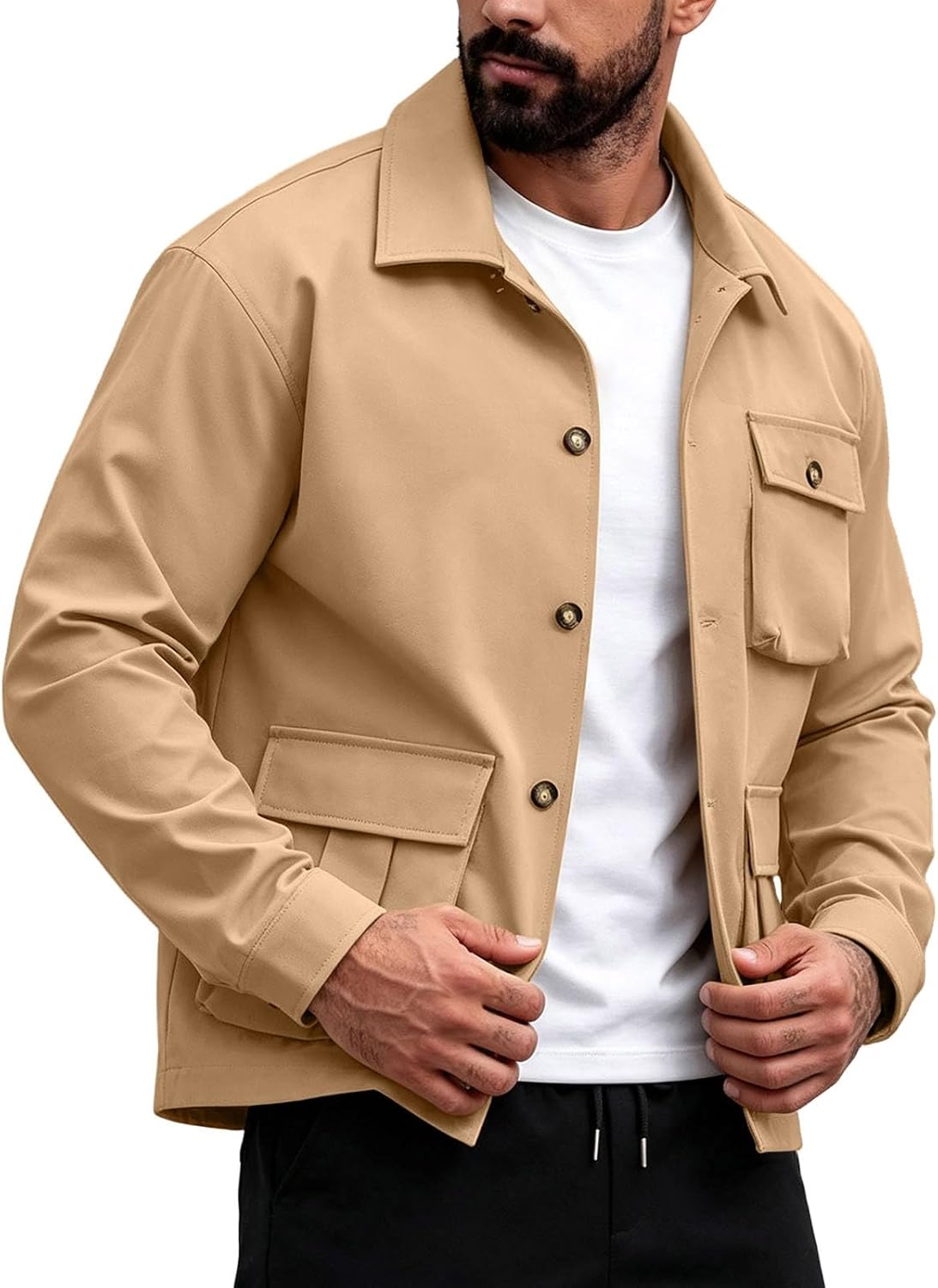Mens Lapel Collar Cargo Jacket Button‑Front Long Sleeve Work Coat