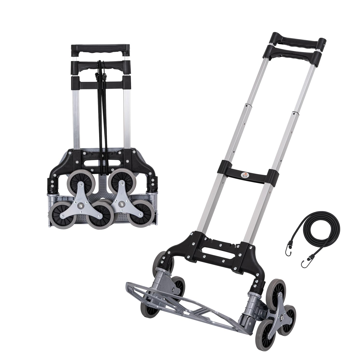 TOPWAY Carretilla Plegable para Subir escaleras de Aluminio, Carretilla de Mano Plegable, Capacidad de Carga de 70 kg, Altura Ajustable con 6 Ruedas, 4 Ruedas giratorias y Cable