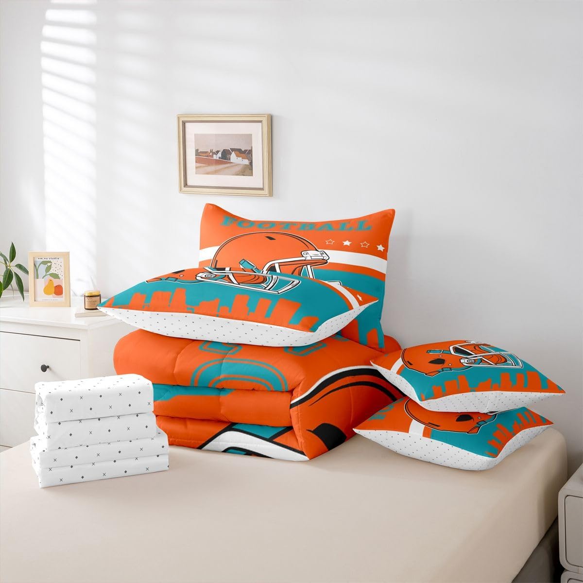 Boys Queen Bedding Set,Football City 7 Pcs Comforter Set for Football Fans Lovers Bed In A Bag With Flat and Fitted Sheet for Kids and Adults,Sports Ruby Bed Set With Sheets Orange and Teal