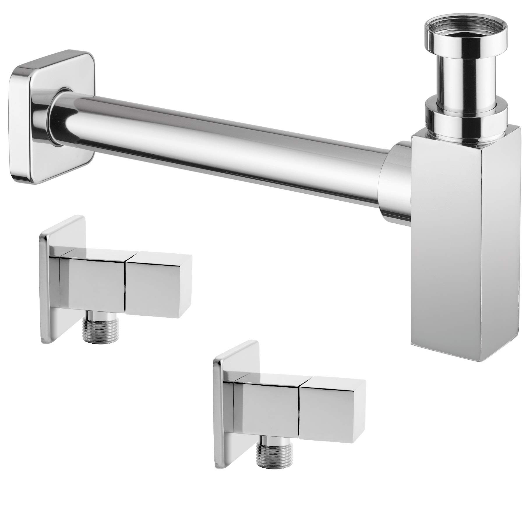 Daloual - Design Siphon Set Quadro mit Eckventilen - aus massiven Messing verchromt für Waschbecken