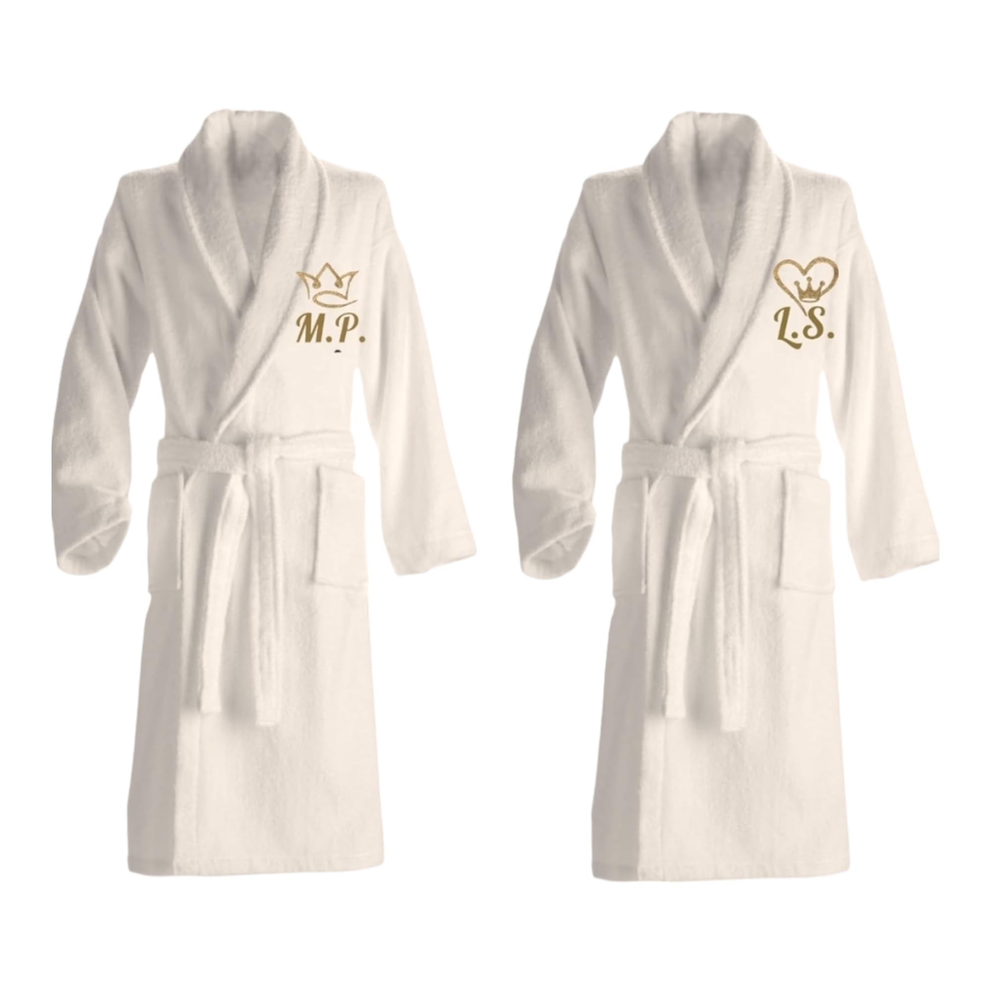 Set 2 accappatoi per coppia personalizzati. Accappatoio sciallato in spugna di cotone con ricamo Re e Regina. Da M a XXL