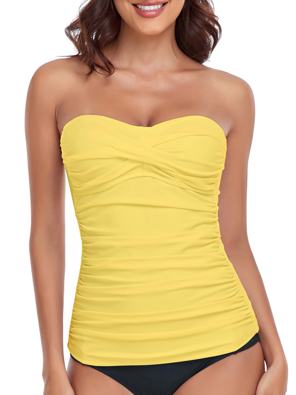 RELLECIGA Women's Tummy Control Tankini Top Bandeau Strapless Swim Tops