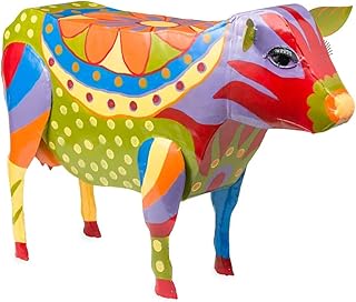 Plow & Hearth Handmade Colorful Painted Folk Art Design Metal Cow Side Table Accent Functional Artwork for Patio, Porch, Deck and Sunroom, 28½"L x 10½"W x 19" H