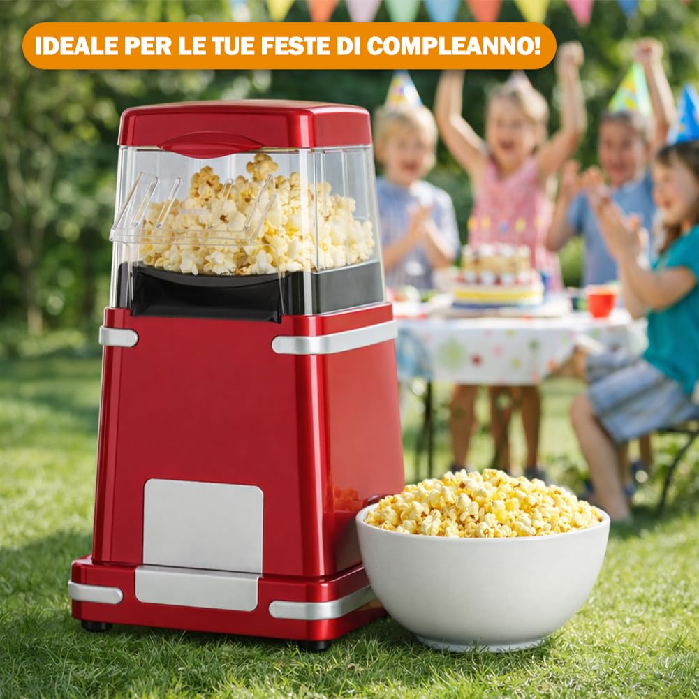 BAKAJI Macchina per Popcorn ad Aria Calda 1200W Potenza con Dosatore Cucchiaino Incluso, Popcorn Machine Design Retrò Facile da Usare One Touch Pronti in 3 Minuti, Perfetta per Feste e Serate Cinema