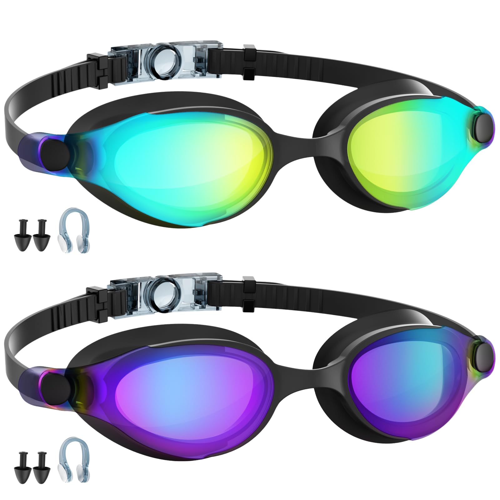 Priksia Swimming Goggles-2 Pack Goggles Swimming Adult with Nose Clip & Earplugs, Anti Fog No Leaking Clear Vision, Swimming Goggles Adult Men Women Youth(Black*2)