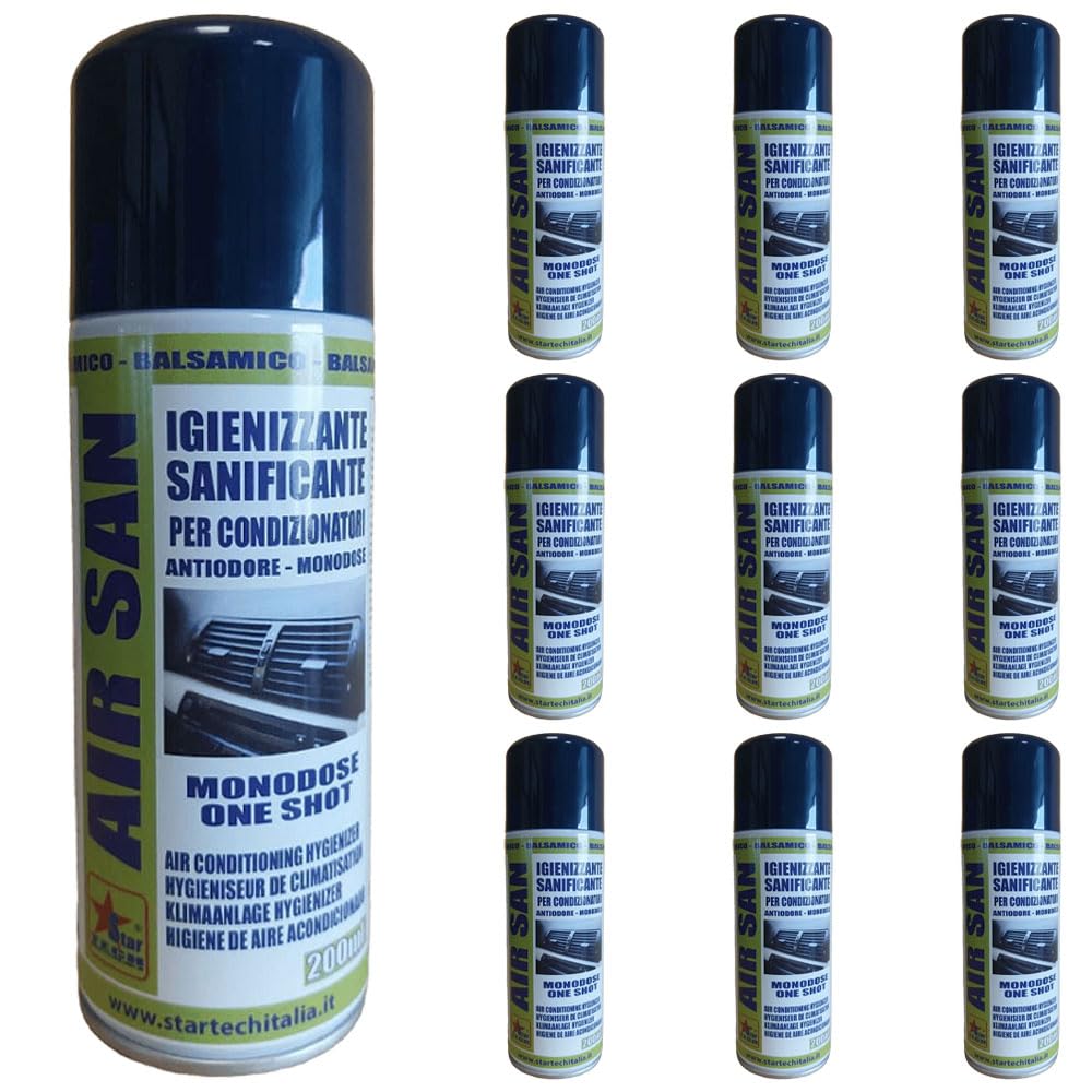 ELENI AIR SAN - IGIENIZZANTE SANIFICANTE PER ABITACOLO E CLIMATIZZATORI. ANTIODORE CON PROFUMAZIONE BALSAMICO ED APPLICAZIONE MONODOSE ONESHOT. KIT PROMOZIONE 10 PEZZI X 200 ML