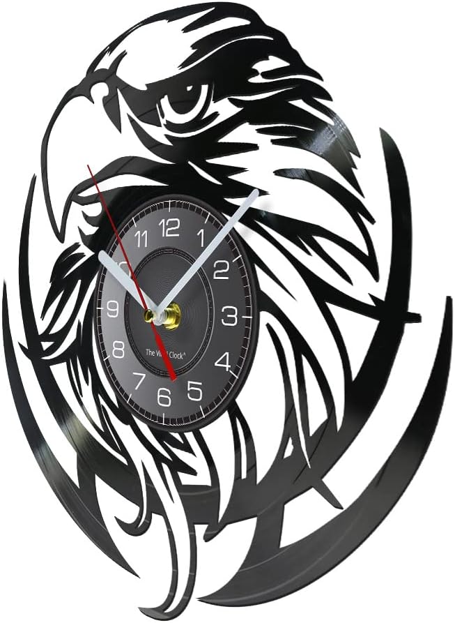 12 Inch American Bald Eagle Wall Clock, Silent Non Ticking Battery Operated Vintage Decorative Wildlife Patriotic Wall Art Analog Black Vinyl Record Wall Clock for Living Room Bedroom Decor