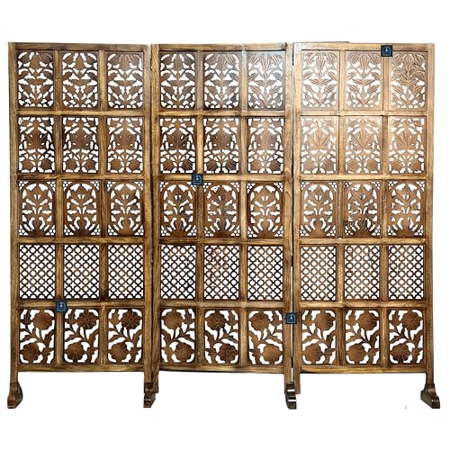 Image of Wooden Room Partition /Screen /Room Divider /Room Separator Burnt Wood Finish (Hand Buffing) Frame Traditional Handicrafts 6Ft Height (30 Inches Width 3 Panel)