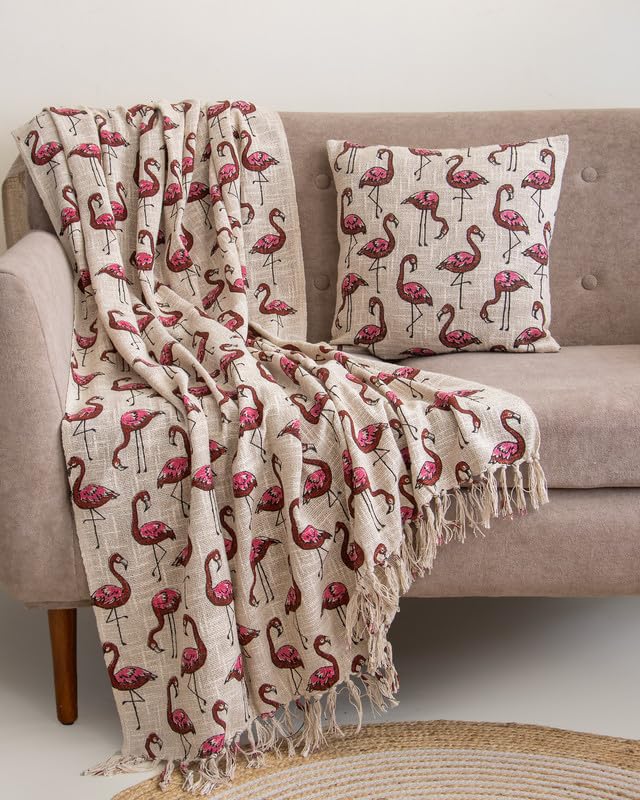 Image of Flamingo Printed Cotton Throw Blanket (50x70 Inches) with 2 Pcs Cushion Cover(16x16 Inch) Soft Lightweight Sofa Thrower for Couch, Living Room & Bed (Pack of 3)