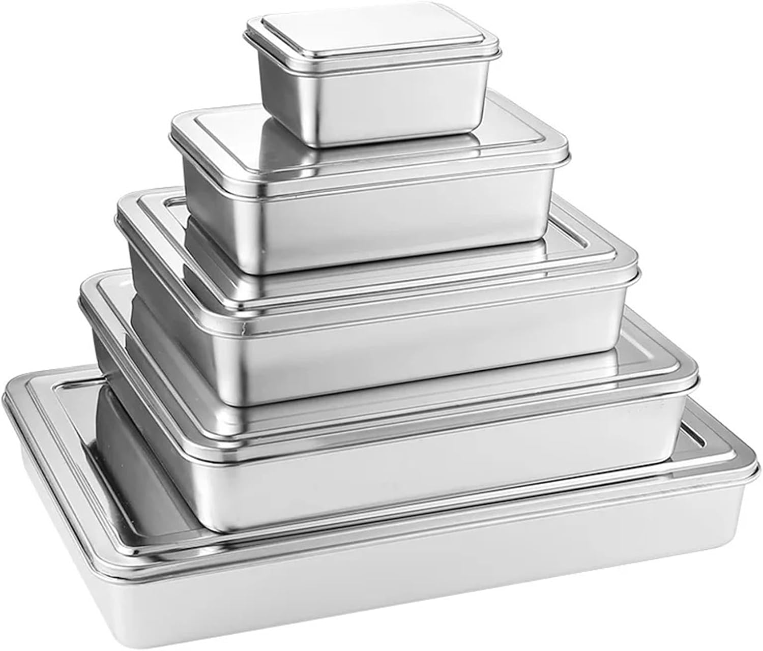 Stainless Steel Food Containers Stainless Steel Flat Bottom Storage Tray with Lid Square Food Plate Cake Bread Pastry Baking Pan (33x28.5x6.2 with Lid)