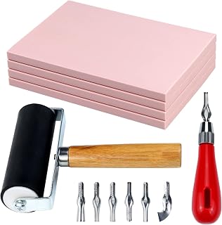 Oopsu Linocut Printmaking Kit: 4x 4x6" Soft Rubber Blocks, Brayer Roller & Carving Tools | Beginner Stamp Carving Supplies