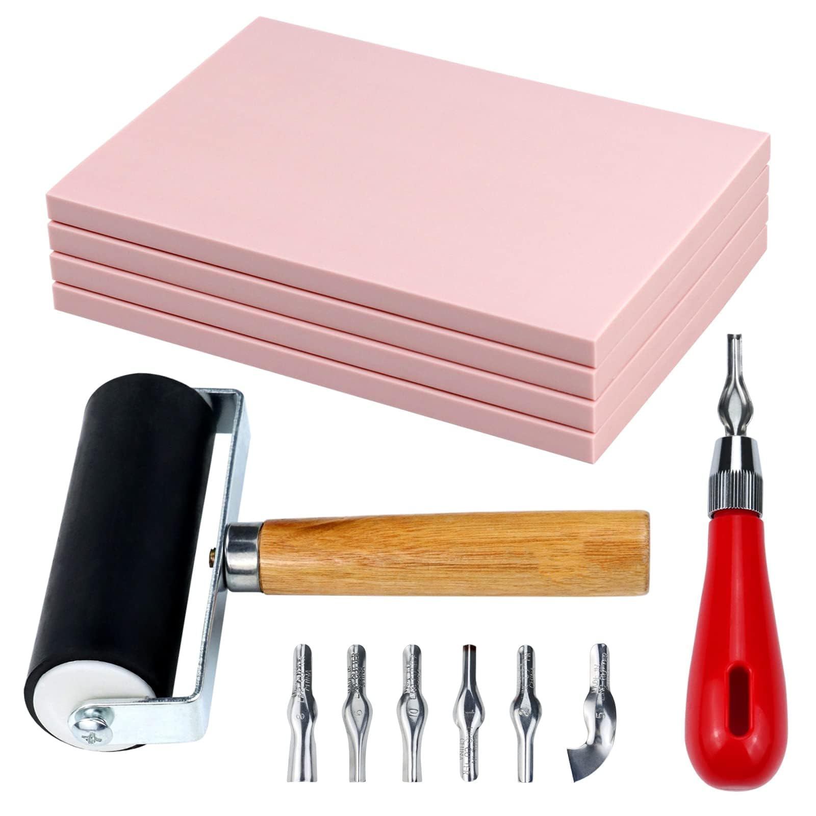 Linocut Printmaking & Stamp Carving Kit - 4Pcs 4"x6" Soft Rubber Linoleum Blocks with Brayer Roller & Carving Tools | Beginner & Artist Craft Supplies