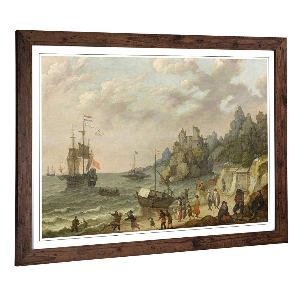 Big Box Art Framed Print of Abraham Adam Willaerts Ships at Harbour Design | Wall Art Picture | Home Decor for Kitchen, Living Room, Bedroom, Hallway, Walnut, A2 / 24.5x18 Inch / 62x45cm