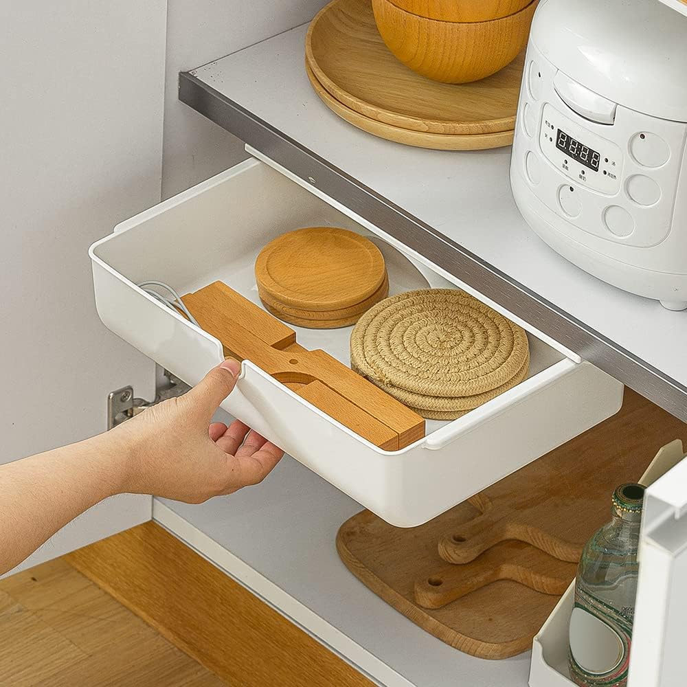 Poeland Organizador de almacenamiento autoadhesivo para debajo del escritorio, grande, blanco