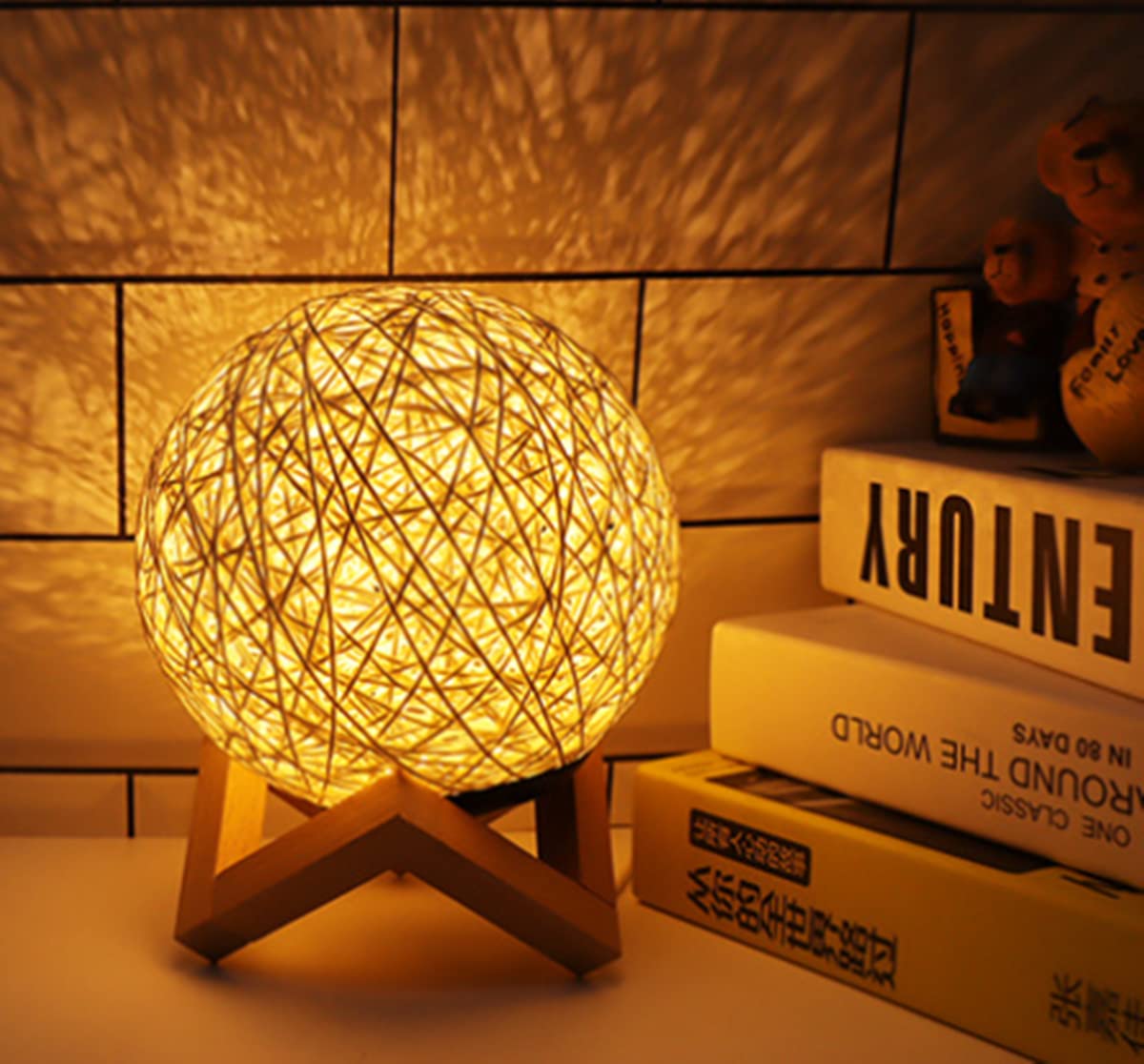 AALIN LED Table Light, Wooden Night Light Bedside Lamp Rattan Ball Desk Lamp USB Powered Reading Lamp Children Room Decoration Lamp Office Desk Lamp (Wooden Frame, Yellow)