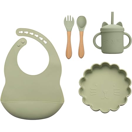 Amazon ベビー食器セット Wooden Teether 離乳食 食器セット5点 吸盤付き 子供 シリコン製 赤ちゃん 幼児 ひっくり返らない こぼれ防止 滑り止め 保育園 男の子 女の子 出産祝い ギフト プレゼント グリーン ベビー食器セット ベビー マタニティ 通販